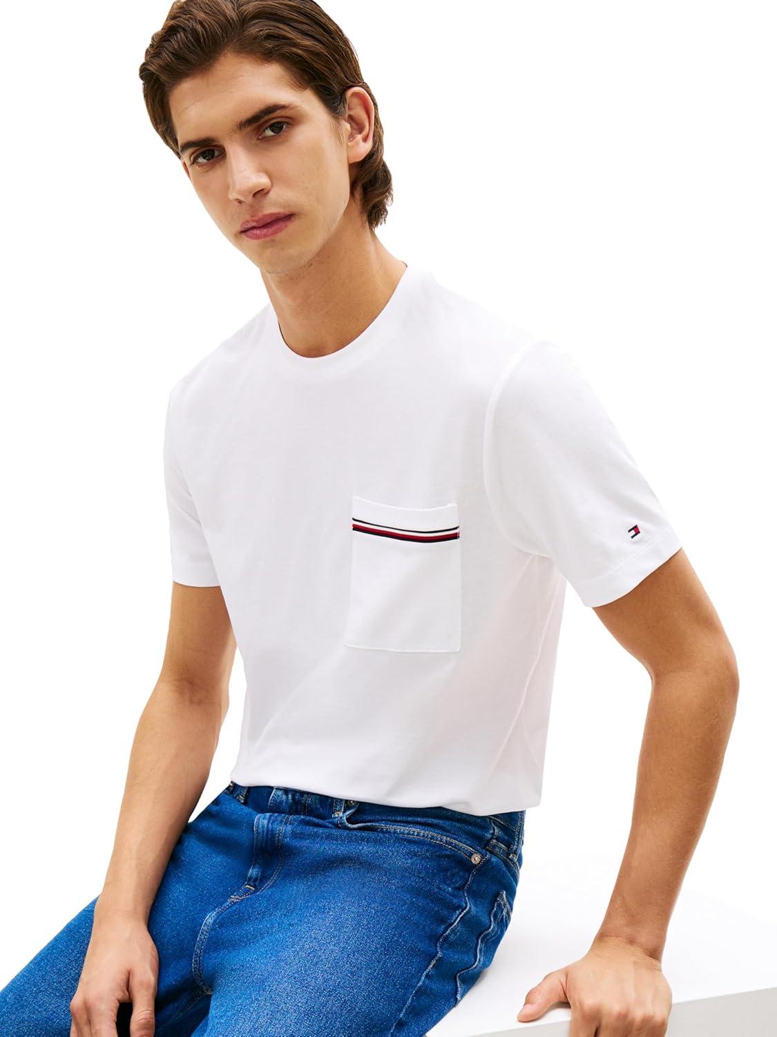 imageTommy Hilfiger Mens Short Sleeve Pique Cotton TShirts with Pocket and Contrast Stripe DesignWhite