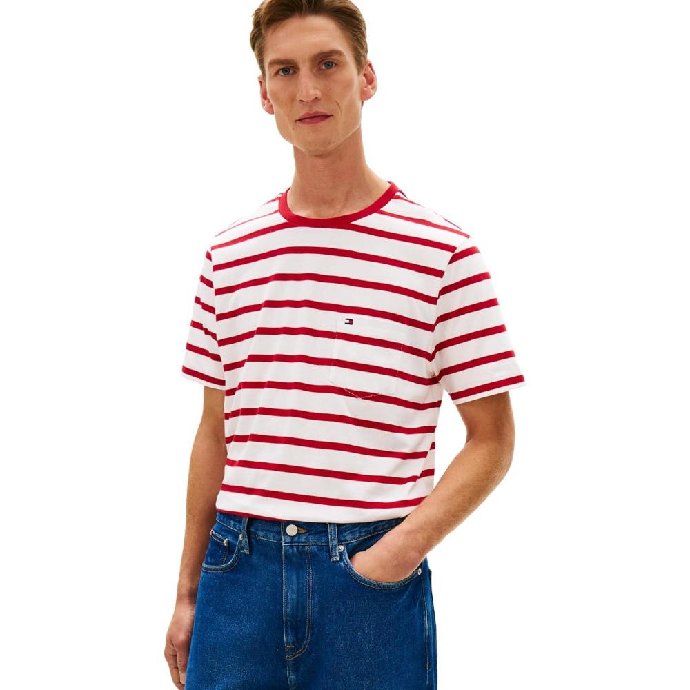 imageTommy Hilfiger Mens Short Sleeve Cotton Crewneck TShirts with Pocket in Regular FitEcru  Medium Red Stripe