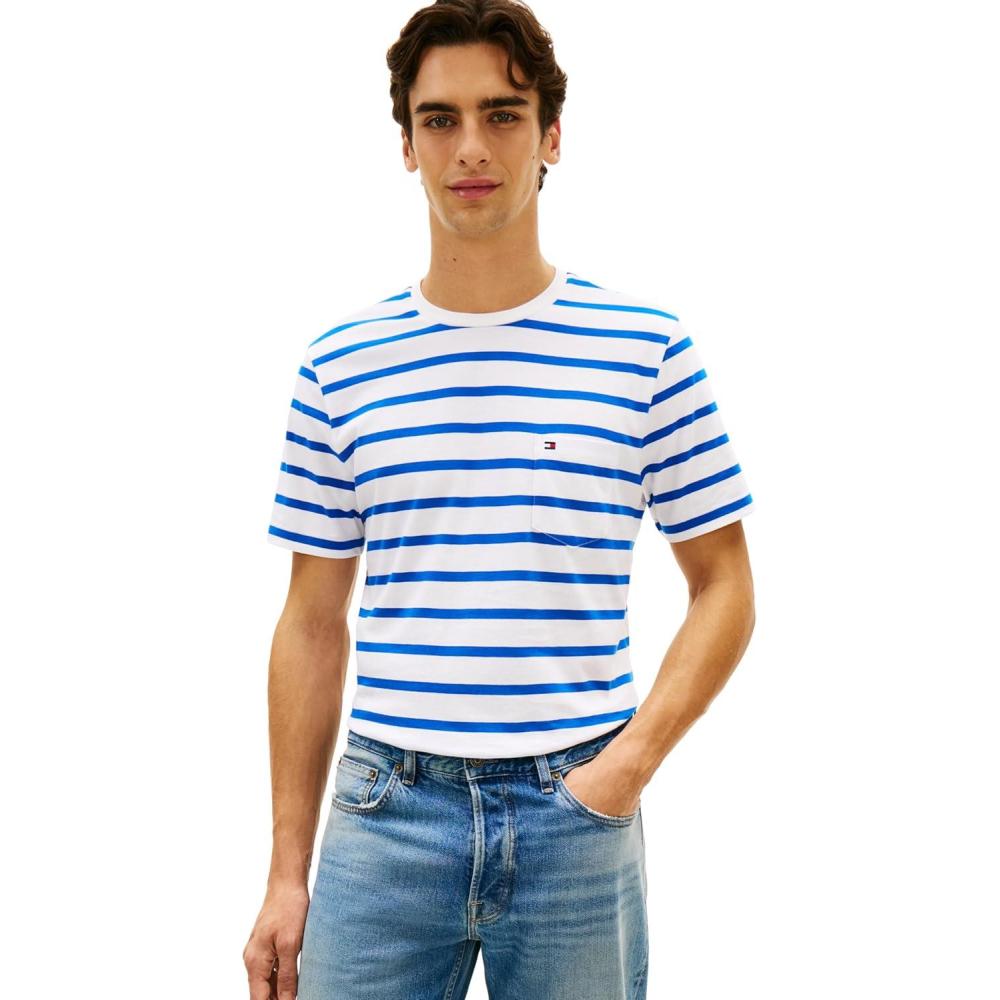 imageTommy Hilfiger Mens Short Sleeve Cotton Crewneck TShirts with Pocket in Regular FitEcru  Regal Blue Stripe