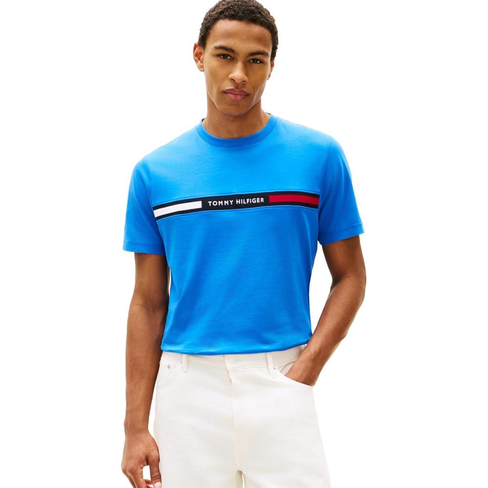 imageTommy Hilfiger Mens Short Sleeve Cotton Graphic TShirts with Chest Logo DesignsBlue Orbit