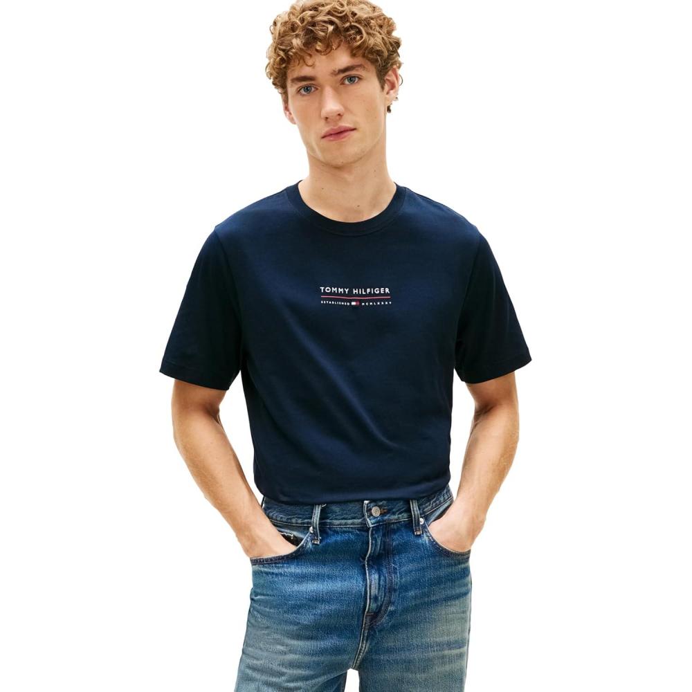 imageTommy Hilfiger Mens Short Sleeve Cotton Graphic TShirts with Embroidered Logo amp Flag GraphicDesert Sky