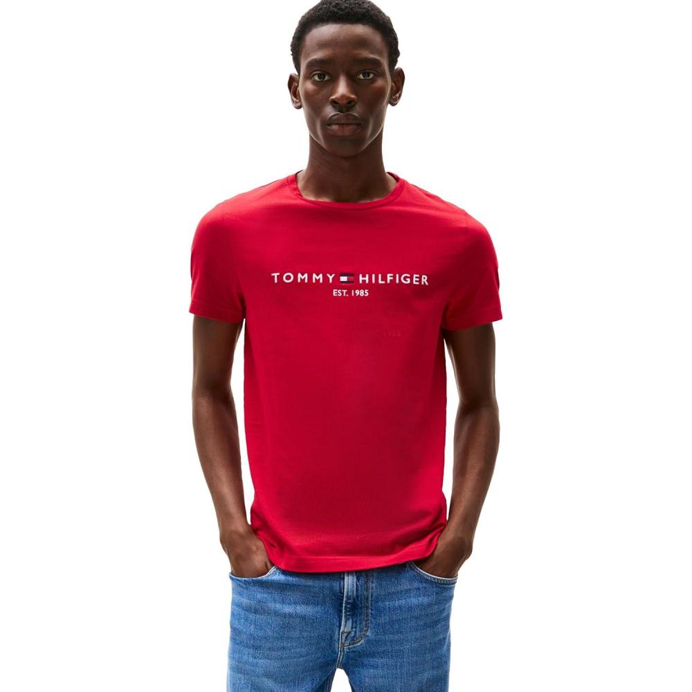 imageTommy Hilfiger Mens Short Sleeve Cotton Graphic TShirts with Embroidered LogoMedium Red