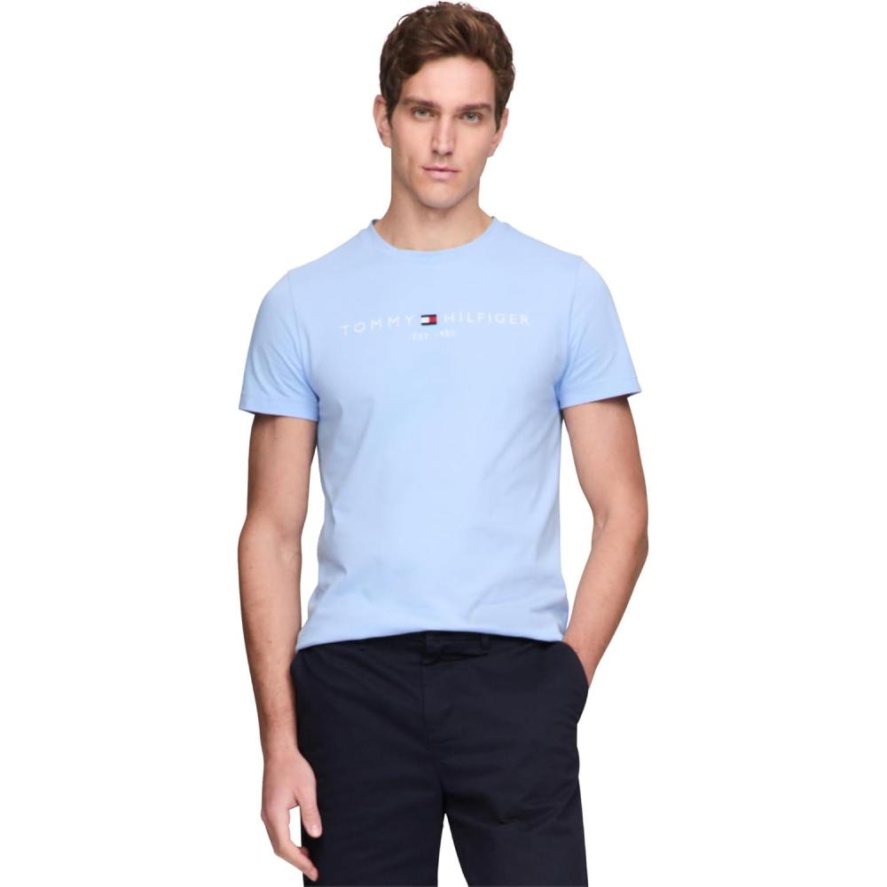 imageTommy Hilfiger Mens Short Sleeve Cotton Graphic TShirts with Embroidered LogoVessel Blue