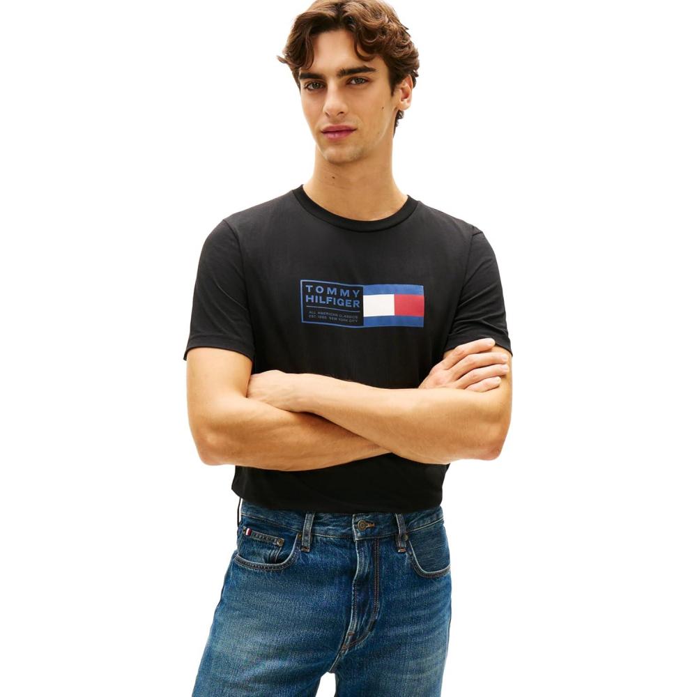 imageTommy Hilfiger Mens Short Sleeve Cotton Graphic TShirts with Printed Flag Graphic Also Available in Big and TallBlack