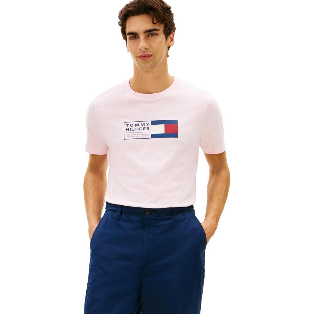 imageTommy Hilfiger Mens Short Sleeve Cotton Graphic TShirts with Printed Flag Graphic Also Available in Big and TallPink Lily