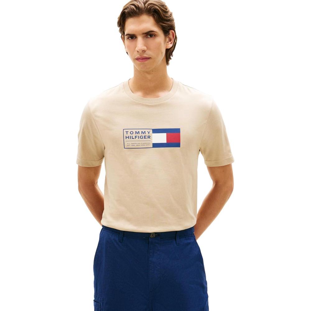 imageTommy Hilfiger Mens Short Sleeve Cotton Graphic TShirts with Printed Flag Graphic Also Available in Big and TallSandalwood