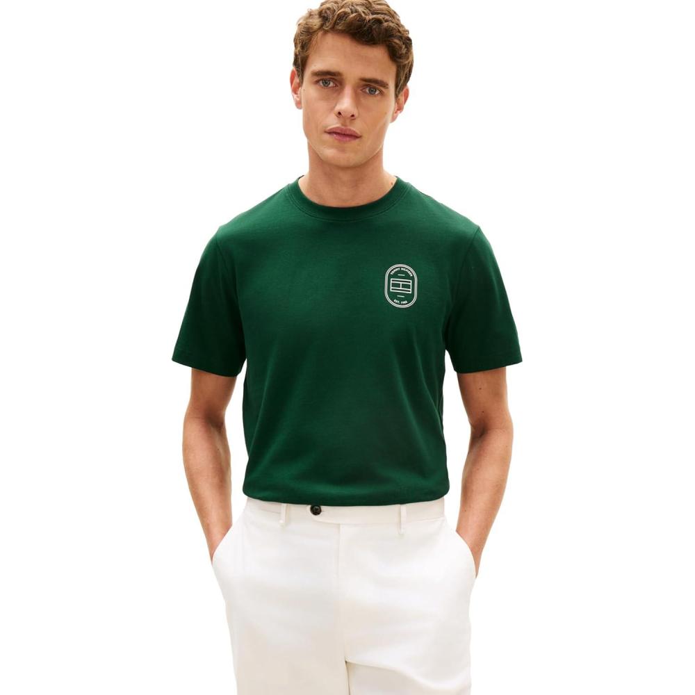 imageTommy Hilfiger Mens Short Sleeve Cotton Graphic TShirts with Printed Flag LogoNocturnal Green