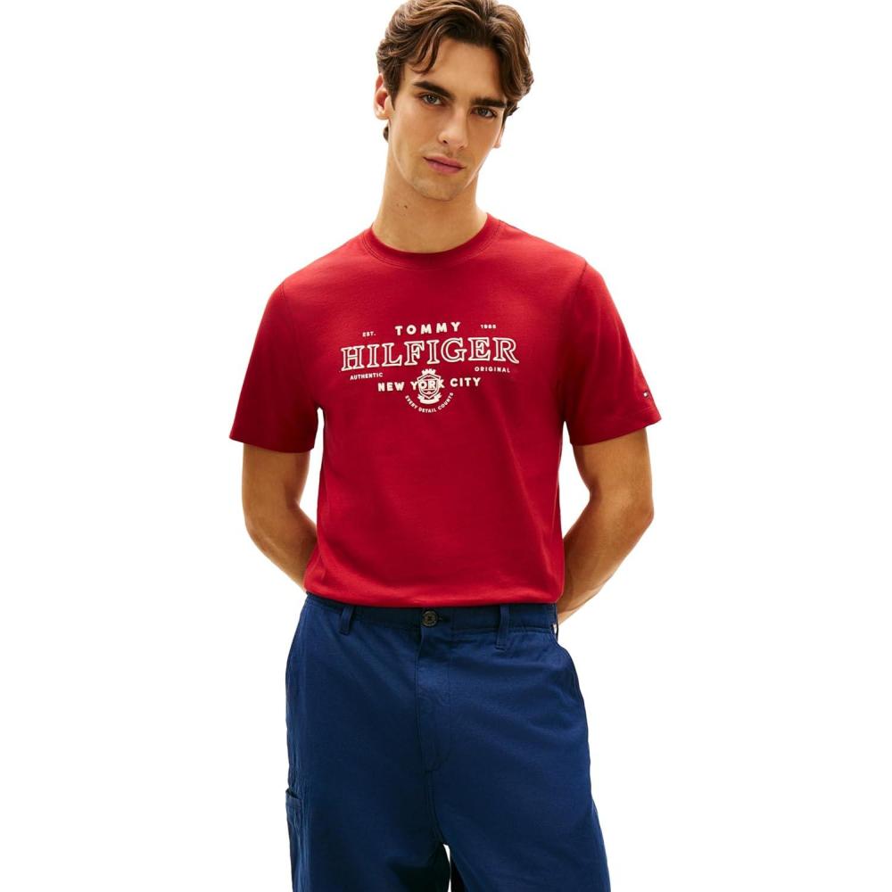 imageTommy Hilfiger Mens Short Sleeve Cotton Graphic TShirts with Printed Heritage Logo GraphicRegatta Red