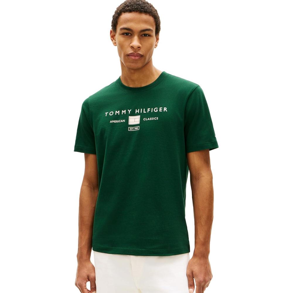 imageTommy Hilfiger Mens Short Sleeve Cotton Graphic TShirts with Printed Stacked Chest Graphic Also Available in Big and TallNocturnal Green