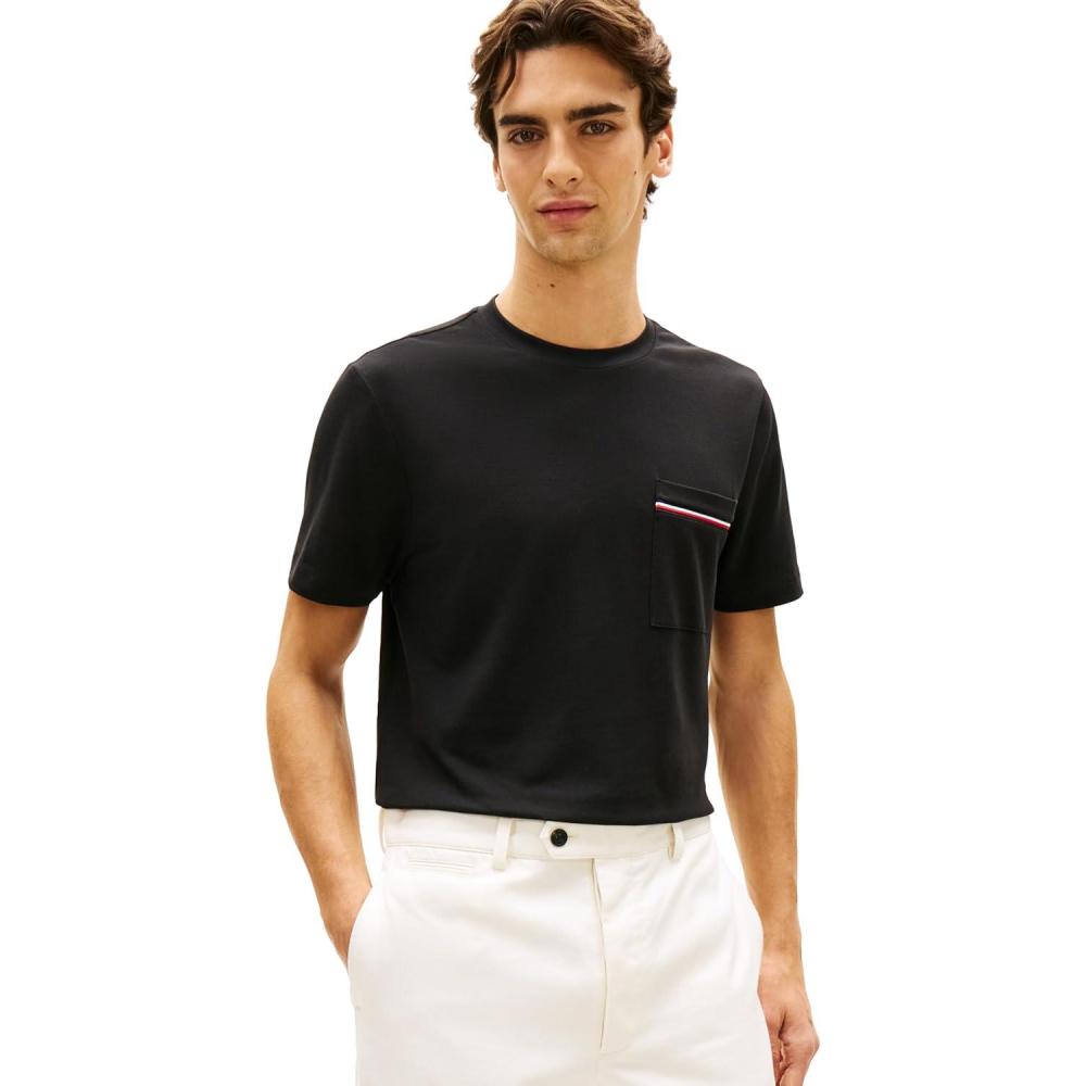 imageTommy Hilfiger Mens Short Sleeve Pique Cotton TShirts with Pocket and Contrast Stripe DesignBlack