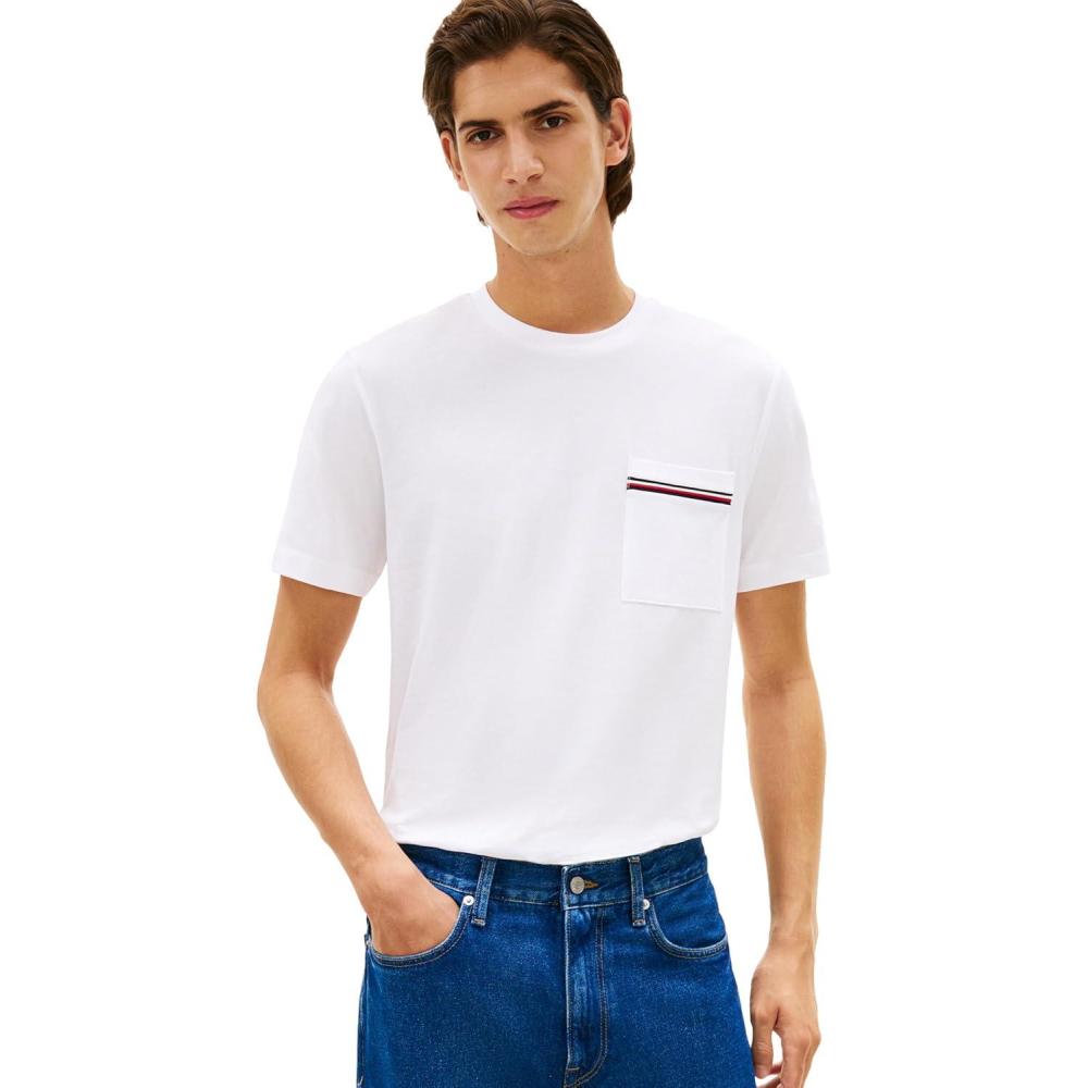 imageTommy Hilfiger Mens Short Sleeve Pique Cotton TShirts with Pocket and Contrast Stripe DesignWhite