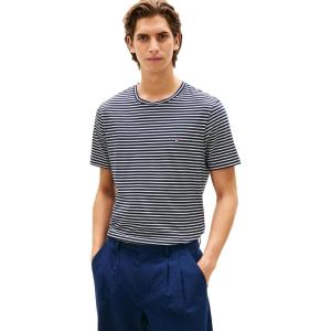 Tommy Hilfiger Men’s Short Sleeve Cotton Crewneck T-Shirts in Regular Fit(Desert Sky / Ecru Stripe)