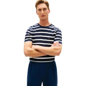 Tommy Hilfiger Men’s Short Sleeve Cotton Crewneck T-Shirts with Pocket in Regular Fit(Desert Sky / Ecru Stripe)