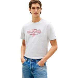 Tommy Hilfiger Men’s Short Sleeve Cotton Graphic T-Shirts with Printed Heritage Logo Graphic(Light Grey Heather)