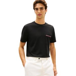 Tommy Hilfiger Men’s Short Sleeve Pique Cotton T-Shirts with Pocket and Contrast Stripe Design(Black)
