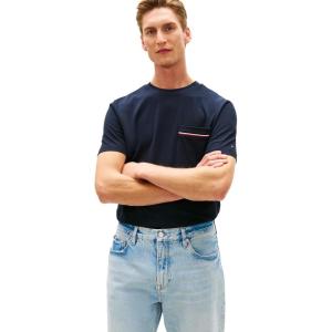 Tommy Hilfiger Men’s Short Sleeve Pique Cotton T-Shirts with Pocket and Contrast Stripe Design(Desert Sky)