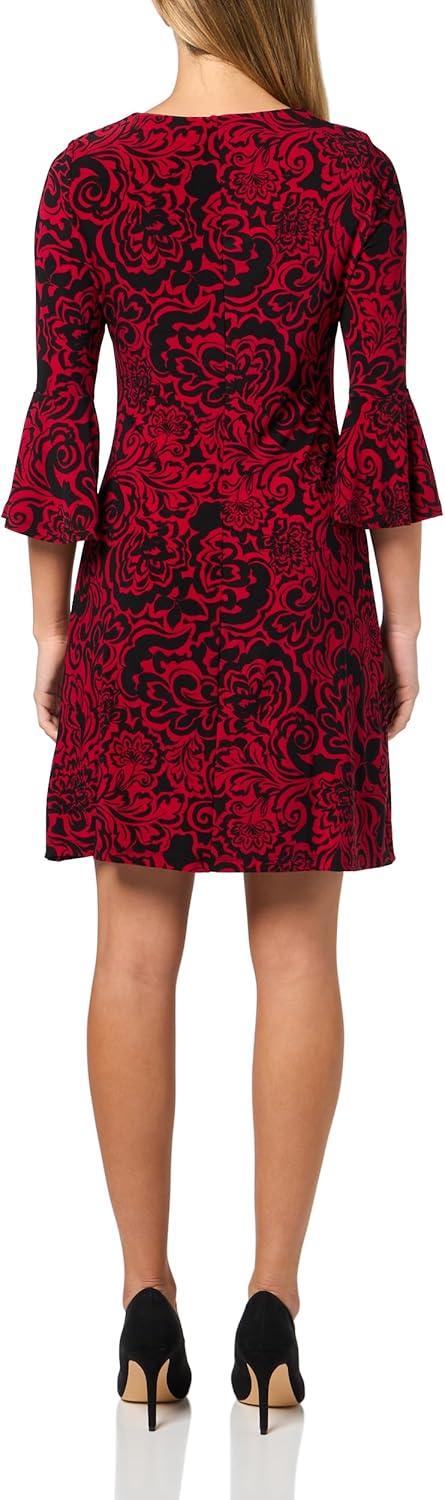 imageTommy Hilfiger Womens 34 Bell Sleeve Jewel Neck Sheath Mini DressDeep ScarletBlack