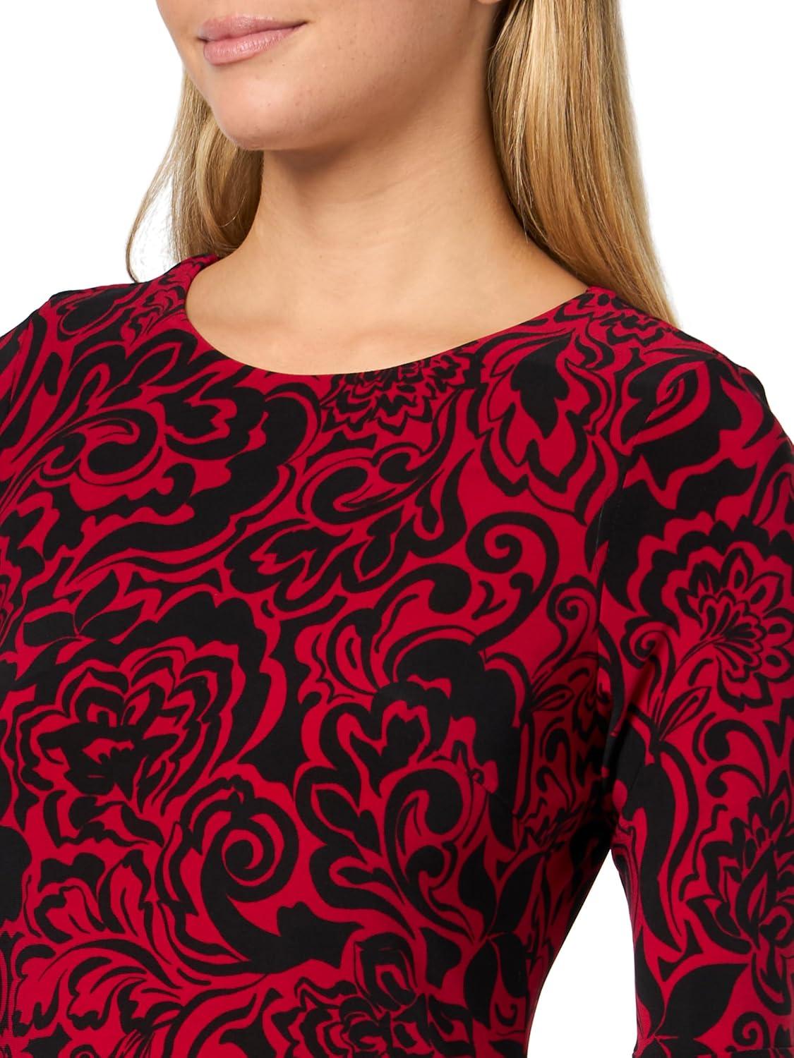 imageTommy Hilfiger Womens 34 Bell Sleeve Jewel Neck Sheath Mini DressDeep ScarletBlack