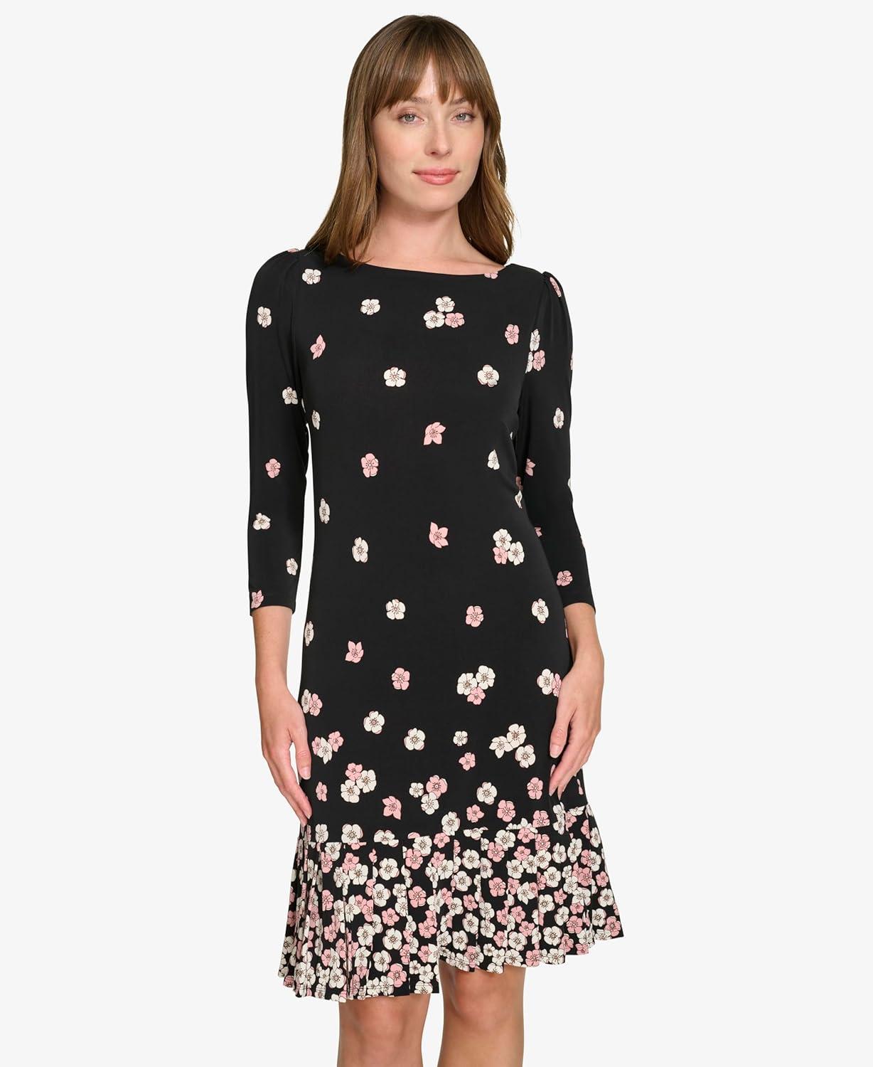 imageTommy Hilfiger Womens 34 Sleeve Crew Neck Double Ruffle Hem Jersey Shift Mini DressBlackBridal Rose