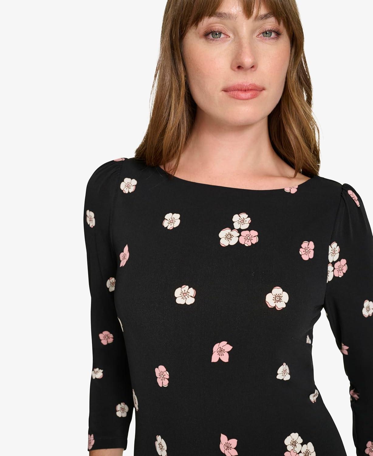 imageTommy Hilfiger Womens 34 Sleeve Crew Neck Double Ruffle Hem Jersey Shift Mini DressBlackBridal Rose