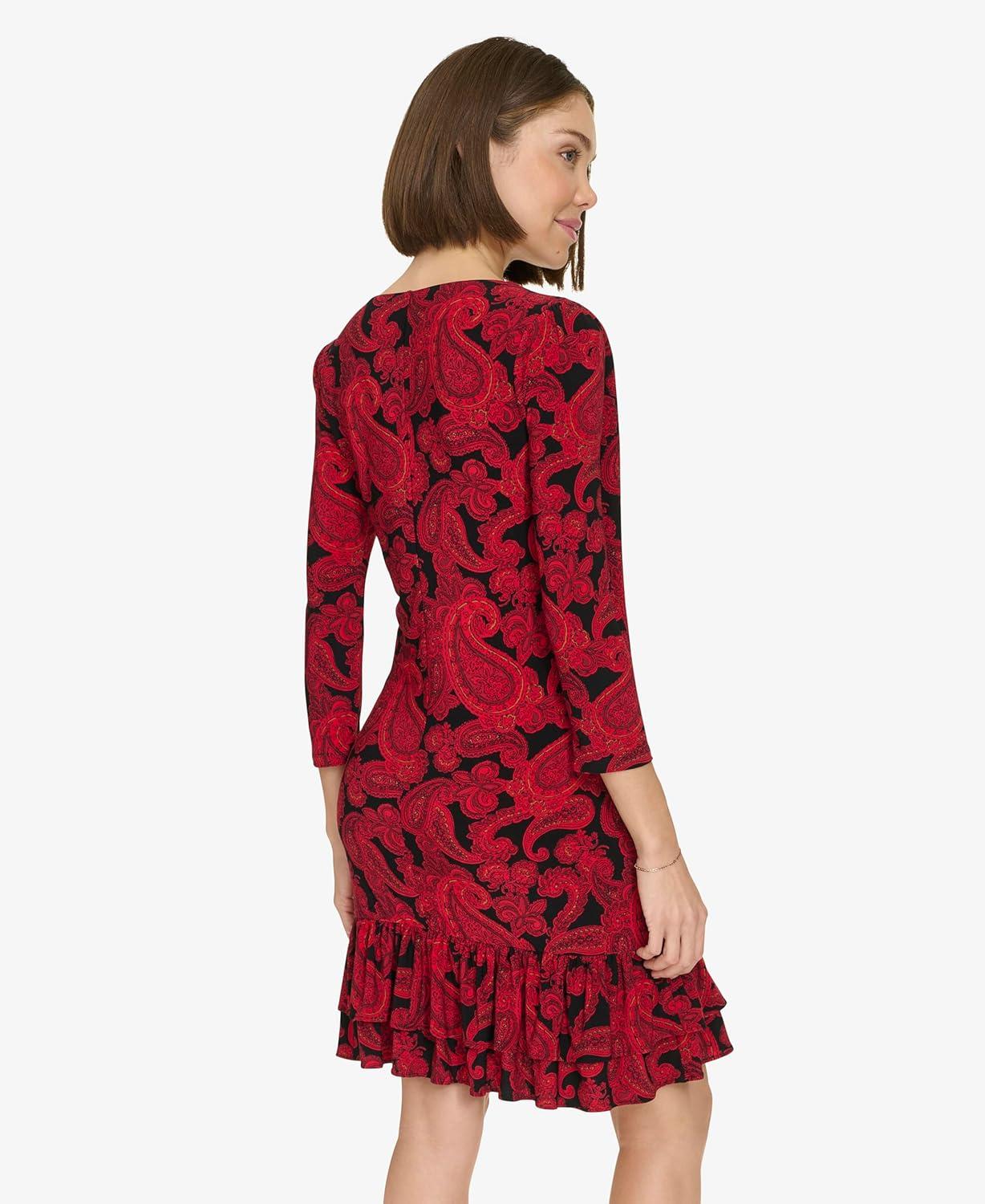 imageTommy Hilfiger Womens 34 Sleeve Crew Neck Double Ruffle Hem Jersey Shift Mini DressBlackRed