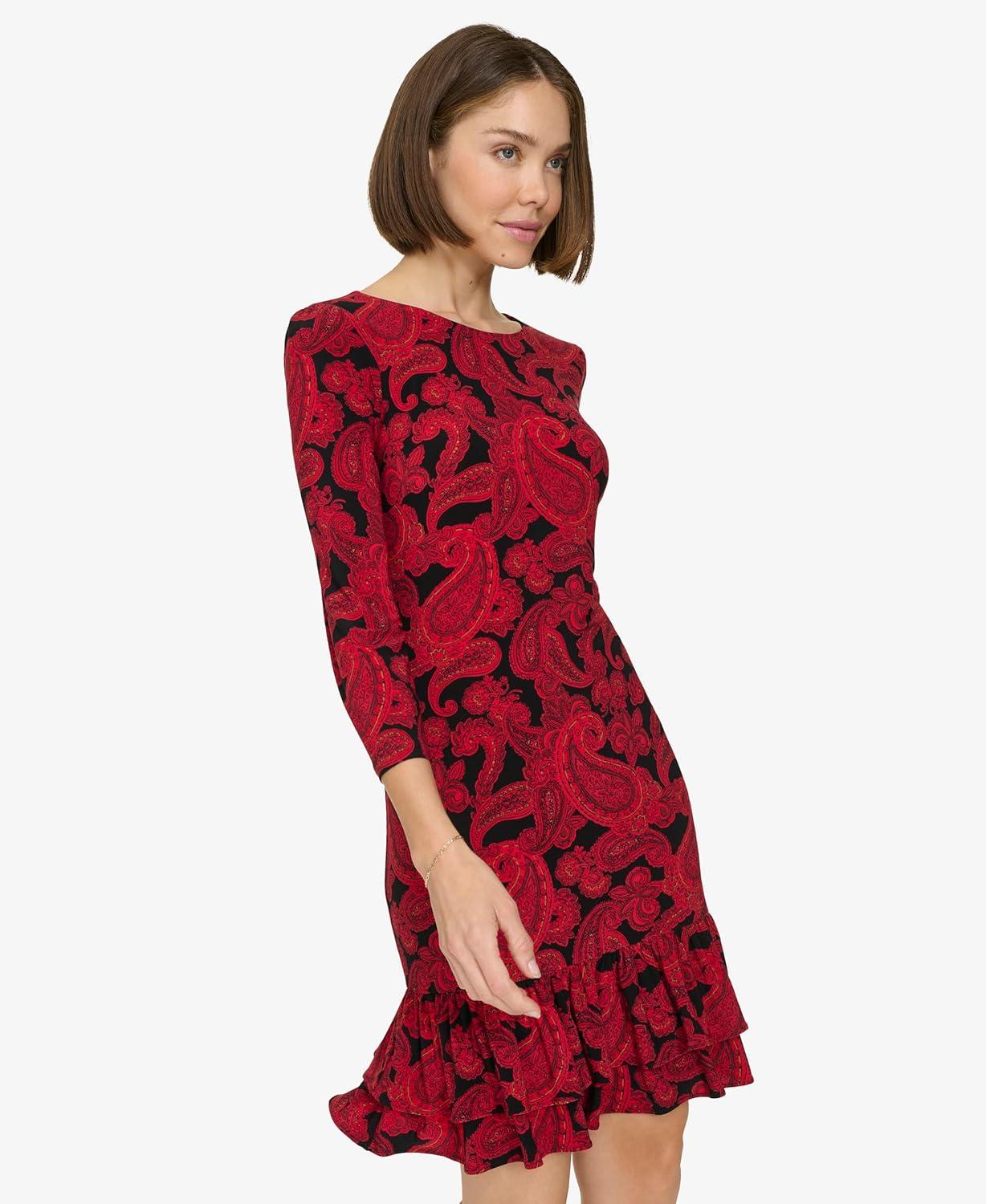 imageTommy Hilfiger Womens 34 Sleeve Crew Neck Double Ruffle Hem Jersey Shift Mini DressBlackRed