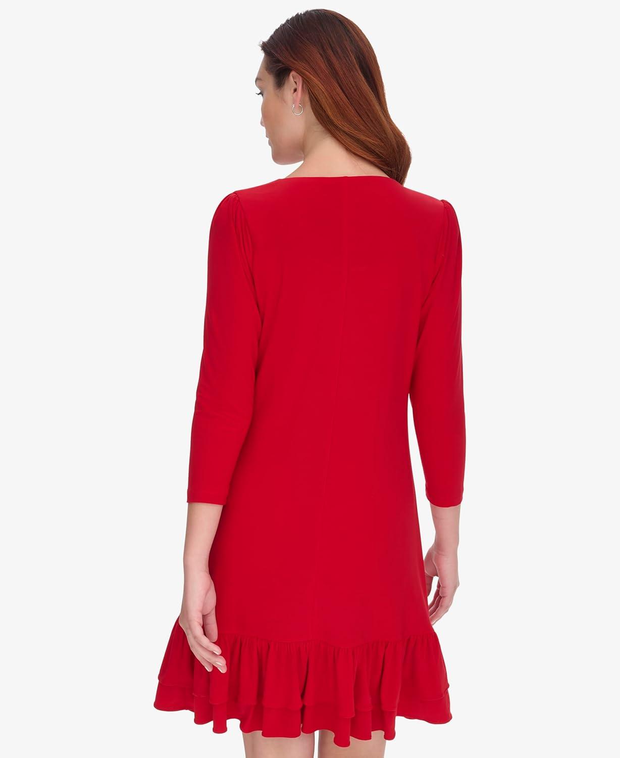 imageTommy Hilfiger Womens 34 Sleeve Crew Neck Double Ruffle Hem Jersey Shift Mini DressDeep Scarlet