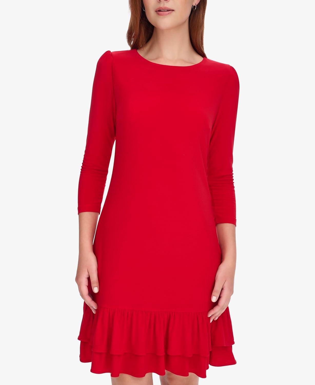 imageTommy Hilfiger Womens 34 Sleeve Crew Neck Double Ruffle Hem Jersey Shift Mini DressDeep Scarlet