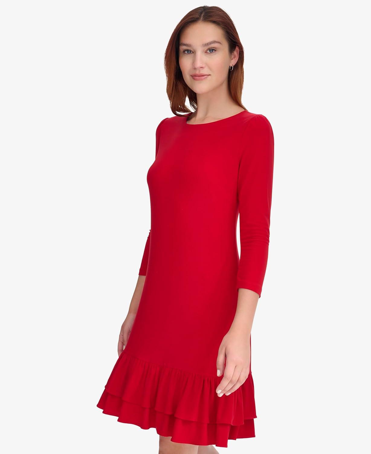 imageTommy Hilfiger Womens 34 Sleeve Crew Neck Double Ruffle Hem Jersey Shift Mini DressDeep Scarlet