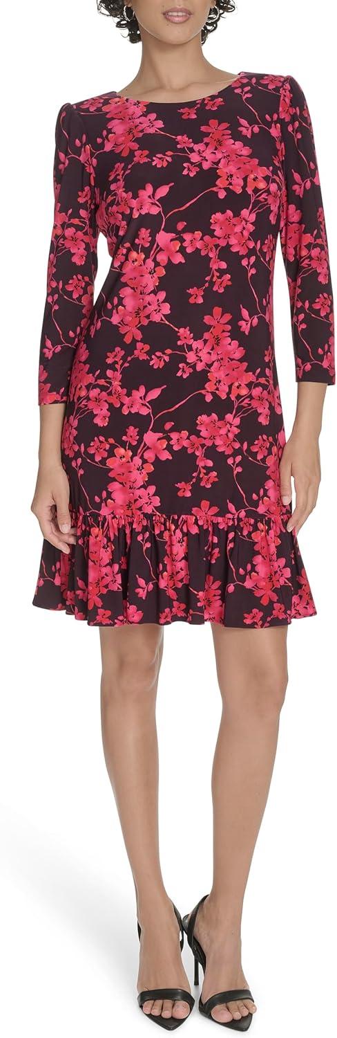 imageTommy Hilfiger Womens 34 Sleeve Crew Neck Double Ruffle Hem Velvet Burnout Shift Mini DressAubergine Multi