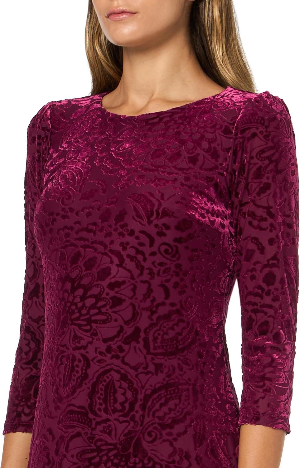 imageTommy Hilfiger Womens 34 Sleeve Crew Neck Double Ruffle Hem Velvet Burnout Shift Mini DressRuby