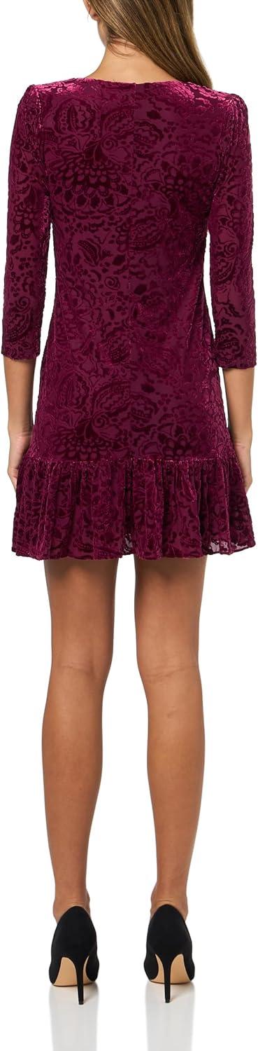 imageTommy Hilfiger Womens 34 Sleeve Crew Neck Double Ruffle Hem Velvet Burnout Shift Mini DressRuby
