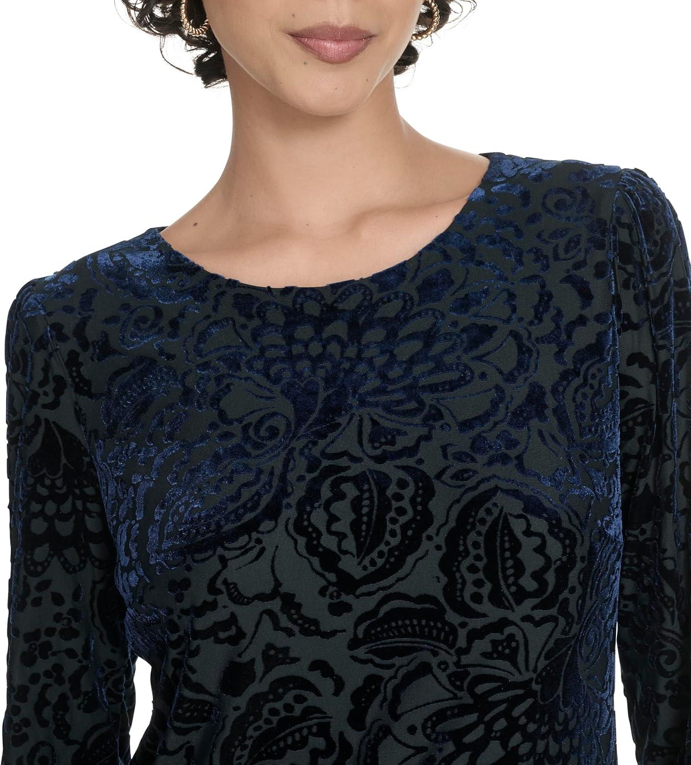 imageTommy Hilfiger Womens 34 Sleeve Crew Neck Double Ruffle Hem Velvet Burnout Shift Mini DressSky Captain