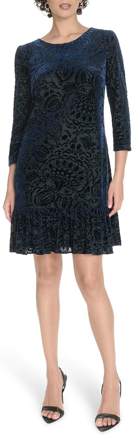 imageTommy Hilfiger Womens 34 Sleeve Crew Neck Double Ruffle Hem Velvet Burnout Shift Mini DressSky Captain