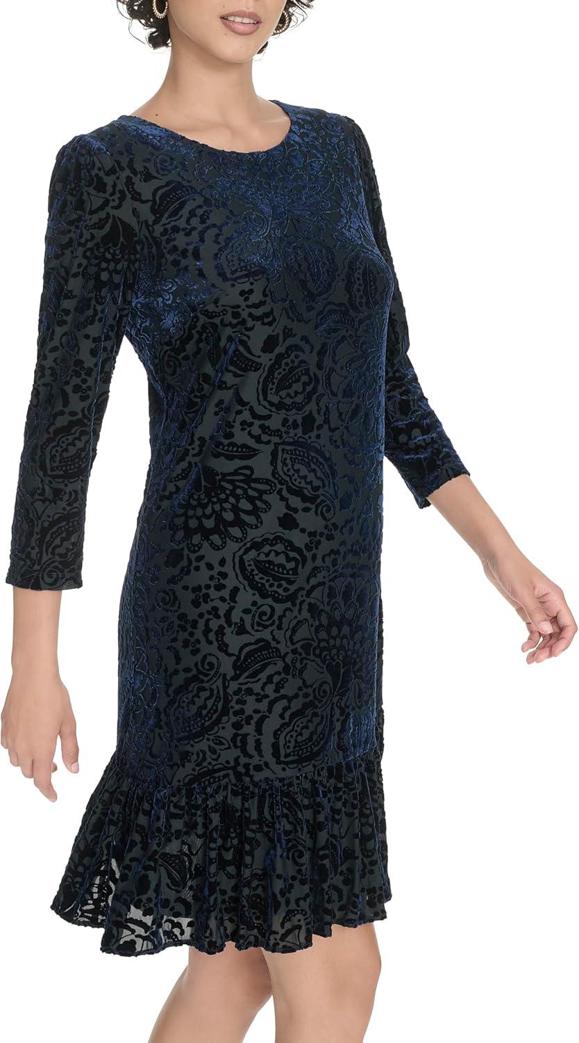 imageTommy Hilfiger Womens 34 Sleeve Crew Neck Double Ruffle Hem Velvet Burnout Shift Mini DressSky Captain