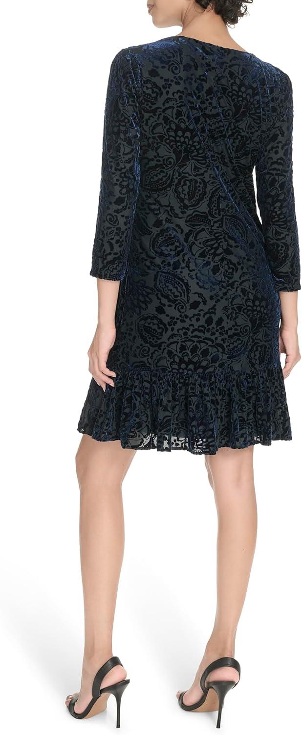 imageTommy Hilfiger Womens 34 Sleeve Crew Neck Double Ruffle Hem Velvet Burnout Shift Mini DressSky Captain