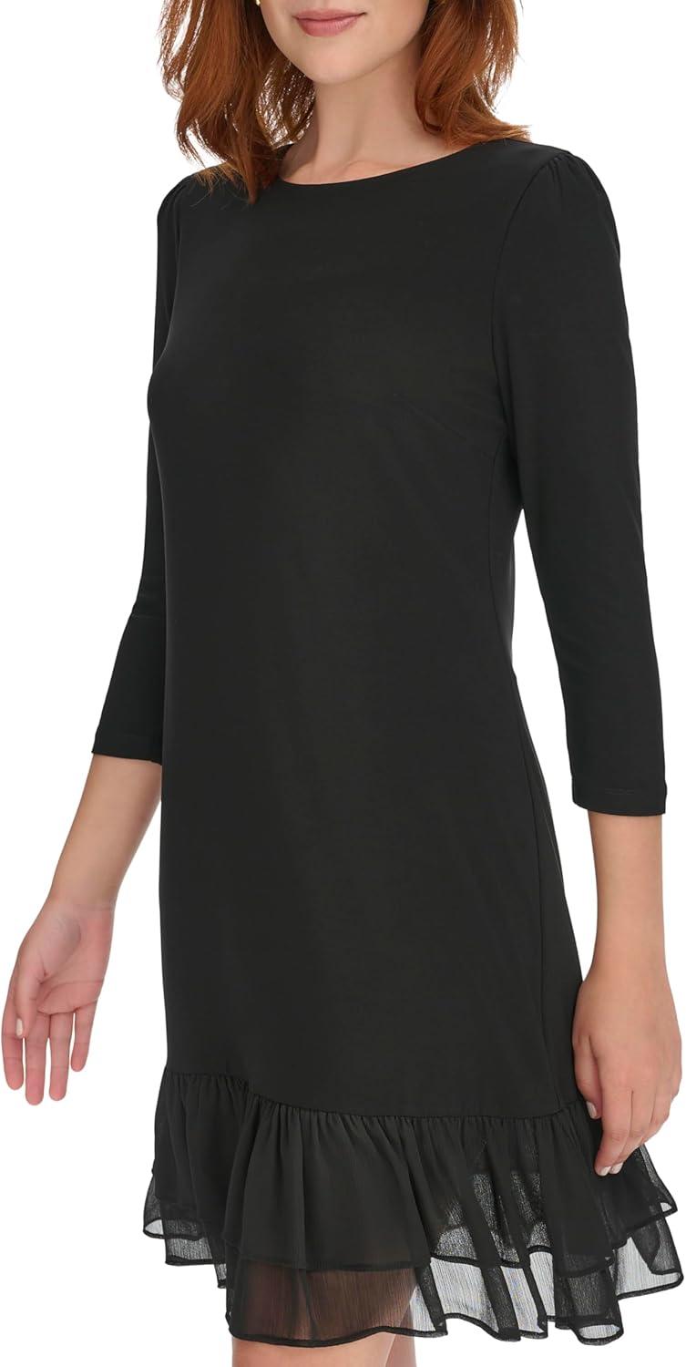 imageTommy Hilfiger Womens 34 Sleeve JerseyChiffon Mix Ruffle Hem DressBlack