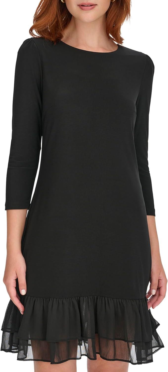 imageTommy Hilfiger Womens 34 Sleeve JerseyChiffon Mix Ruffle Hem DressBlack