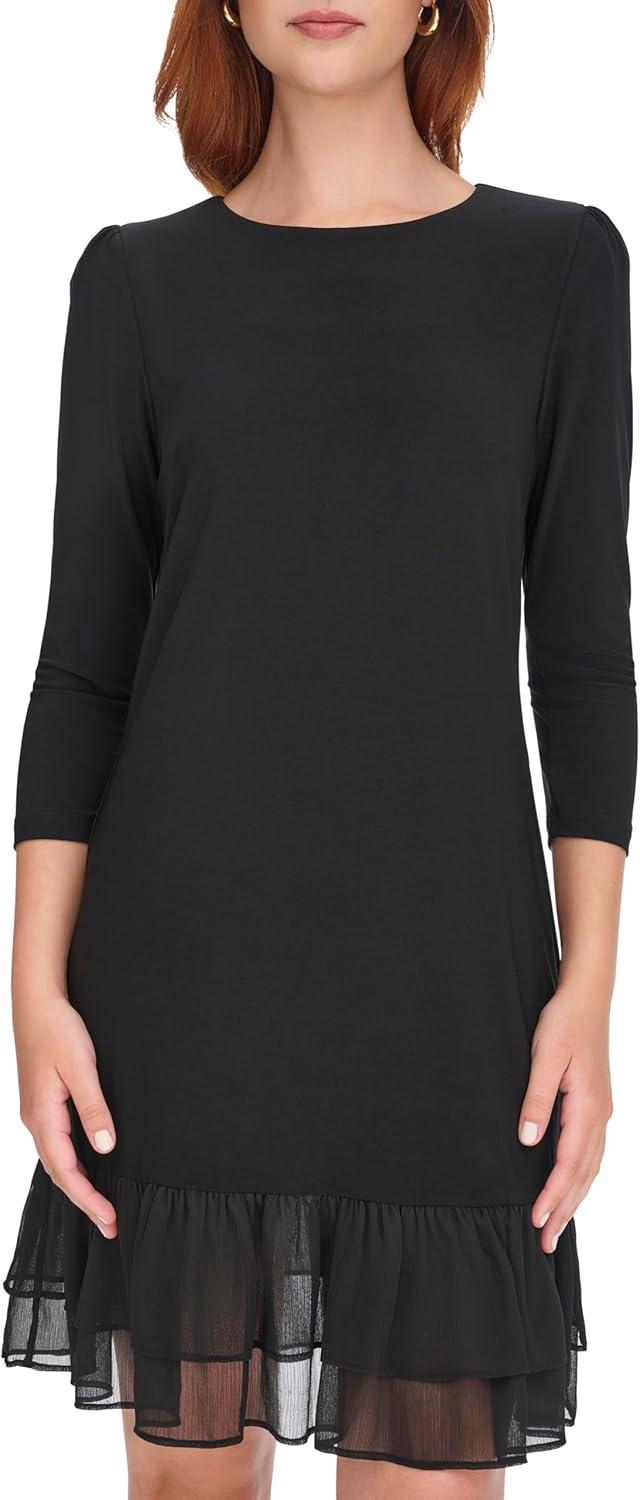 imageTommy Hilfiger Womens 34 Sleeve JerseyChiffon Mix Ruffle Hem DressBlack