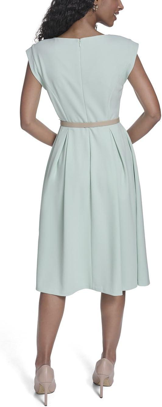imageTommy Hilfiger Womens Cap Sleeve Crew Neck Scuba Crepe Belted Midi DressHarbor Gray
