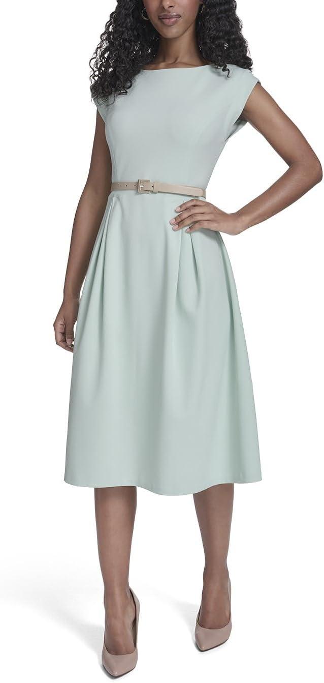 imageTommy Hilfiger Womens Cap Sleeve Crew Neck Scuba Crepe Belted Midi DressHarbor Gray