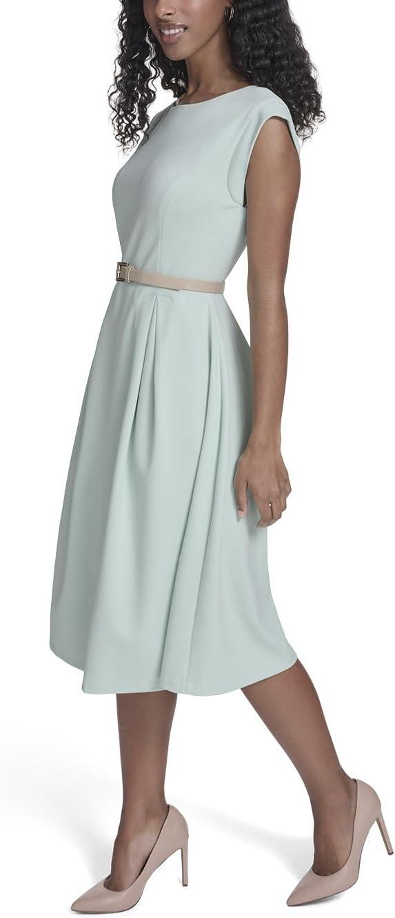 imageTommy Hilfiger Womens Cap Sleeve Crew Neck Scuba Crepe Belted Midi DressHarbor Gray