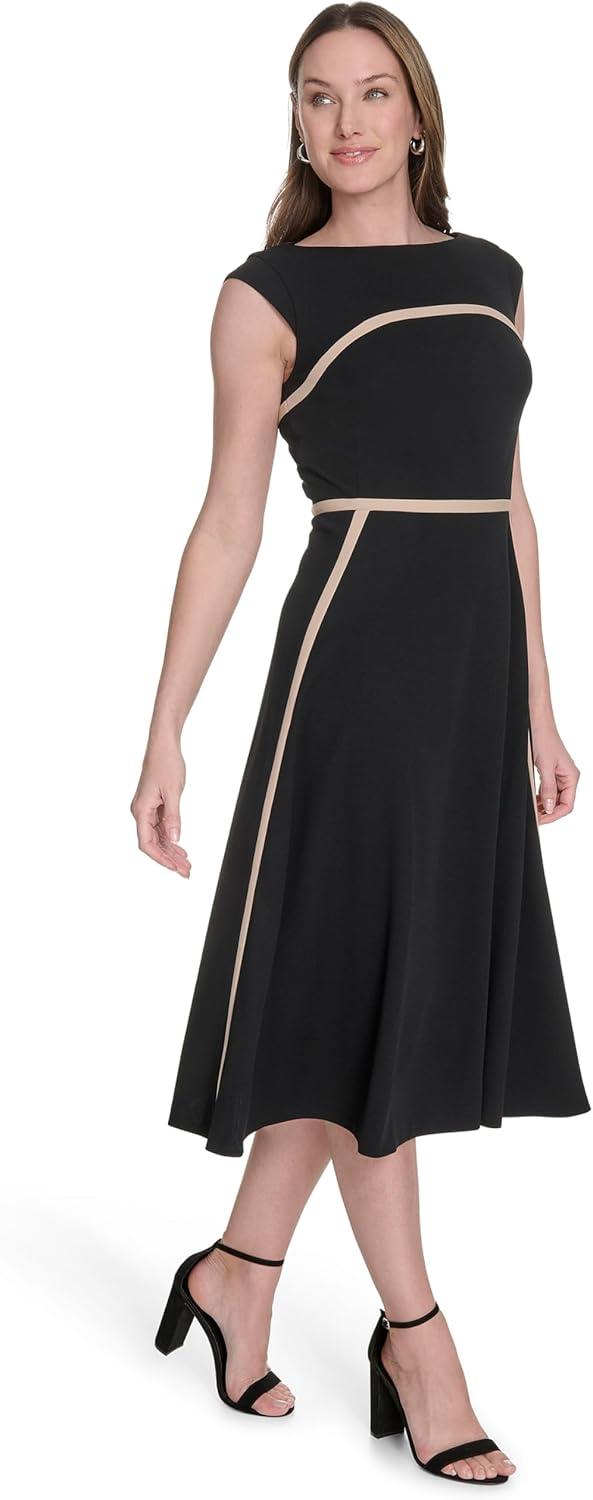 imageTommy Hilfiger Womens Cap Sleeve Wide Neck Fit and Flare Midi DressBlack Sand