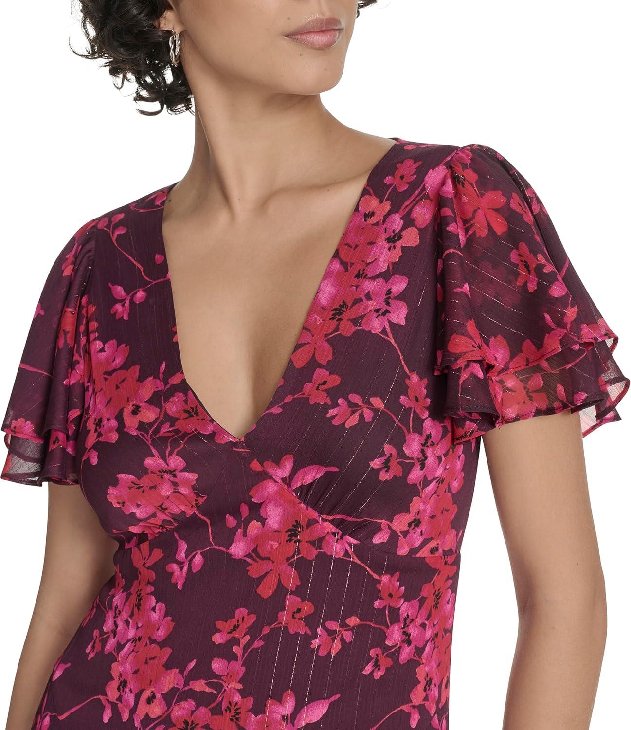imageTommy Hilfiger Womens Flutter Sleeve V Neck Tiered Maxi DressAubergine Multi