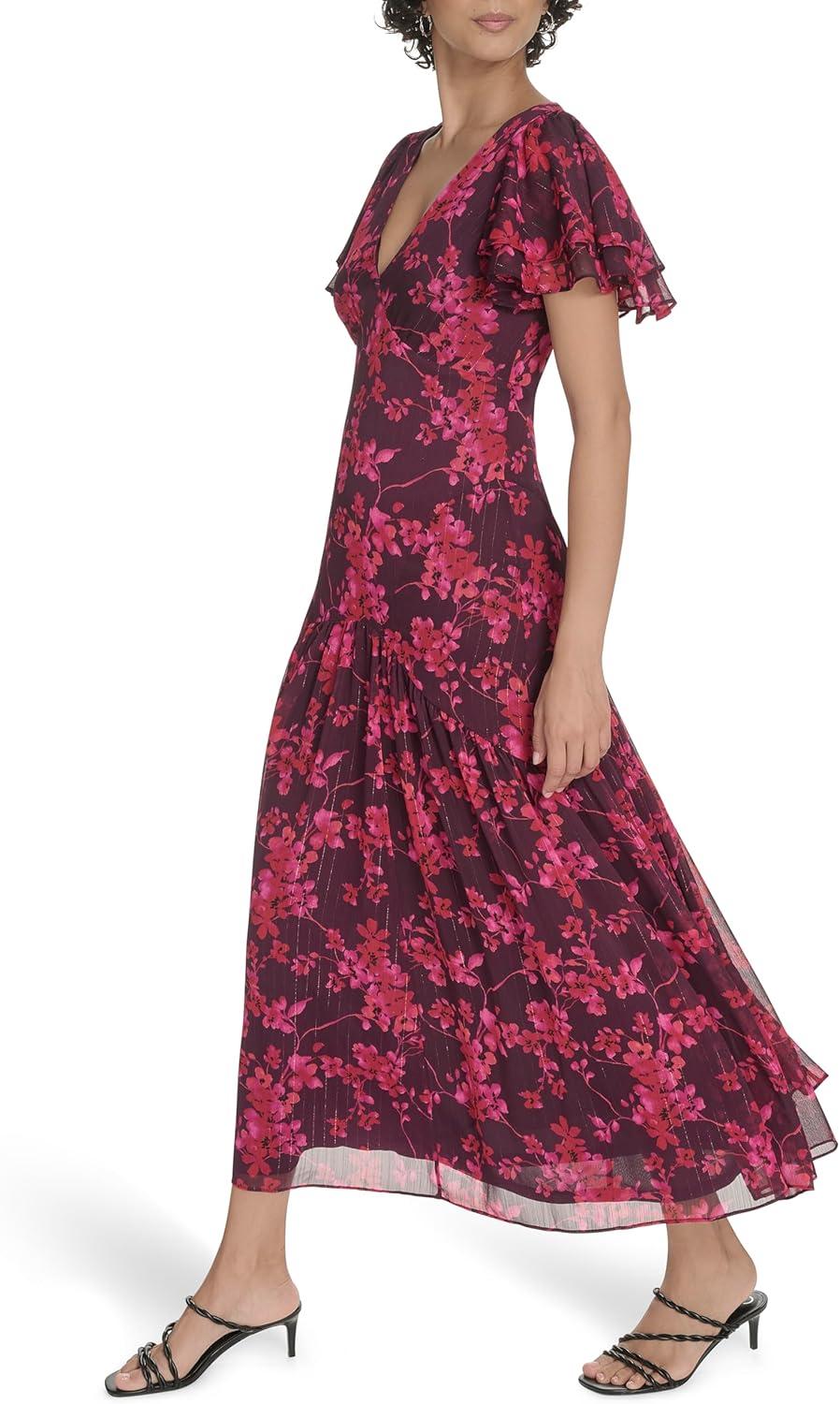 imageTommy Hilfiger Womens Flutter Sleeve V Neck Tiered Maxi DressAubergine Multi