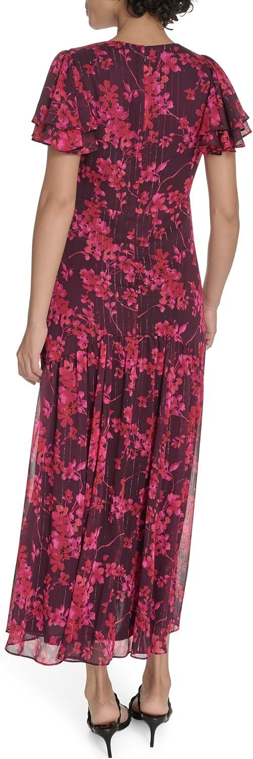 imageTommy Hilfiger Womens Flutter Sleeve V Neck Tiered Maxi DressAubergine Multi
