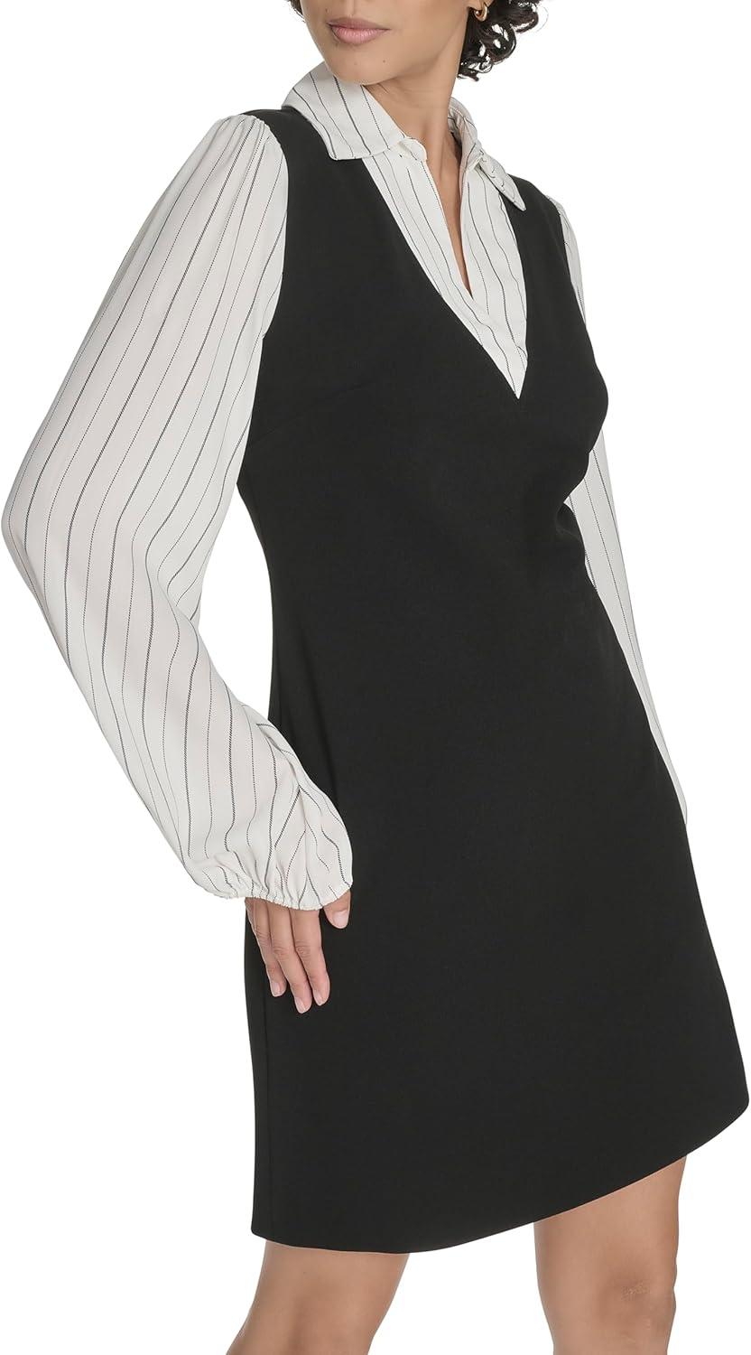 imageTommy Hilfiger Womens Long Sleeve Collared Twofer Shift Mini DressBlackIvory