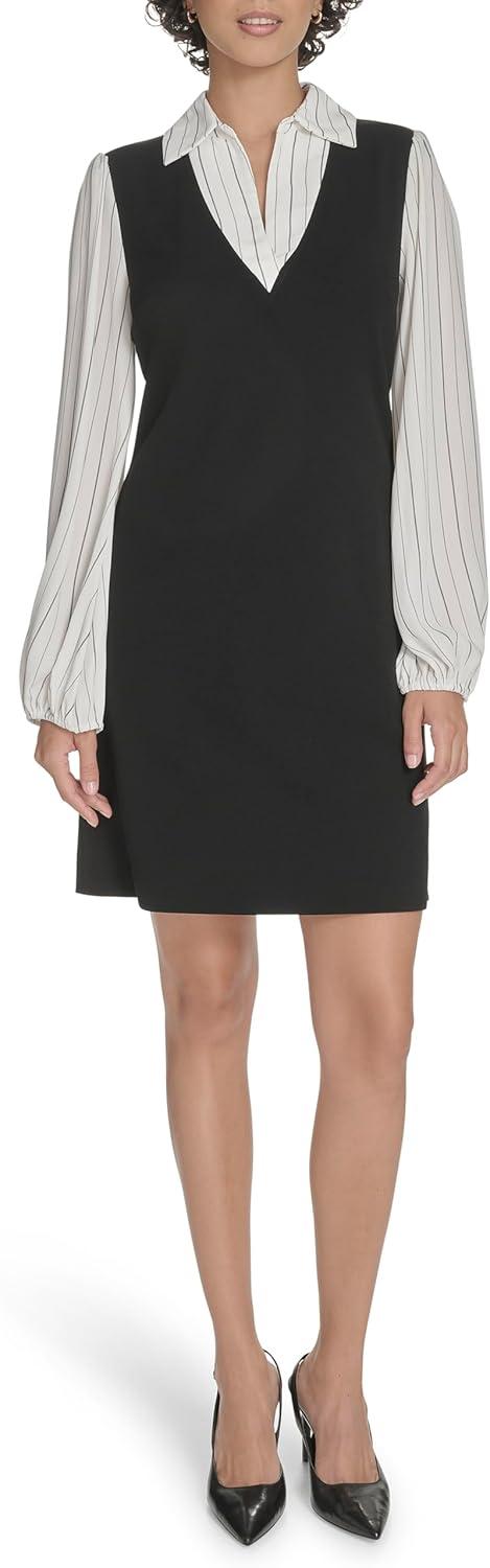 imageTommy Hilfiger Womens Long Sleeve Collared Twofer Shift Mini DressBlackIvory