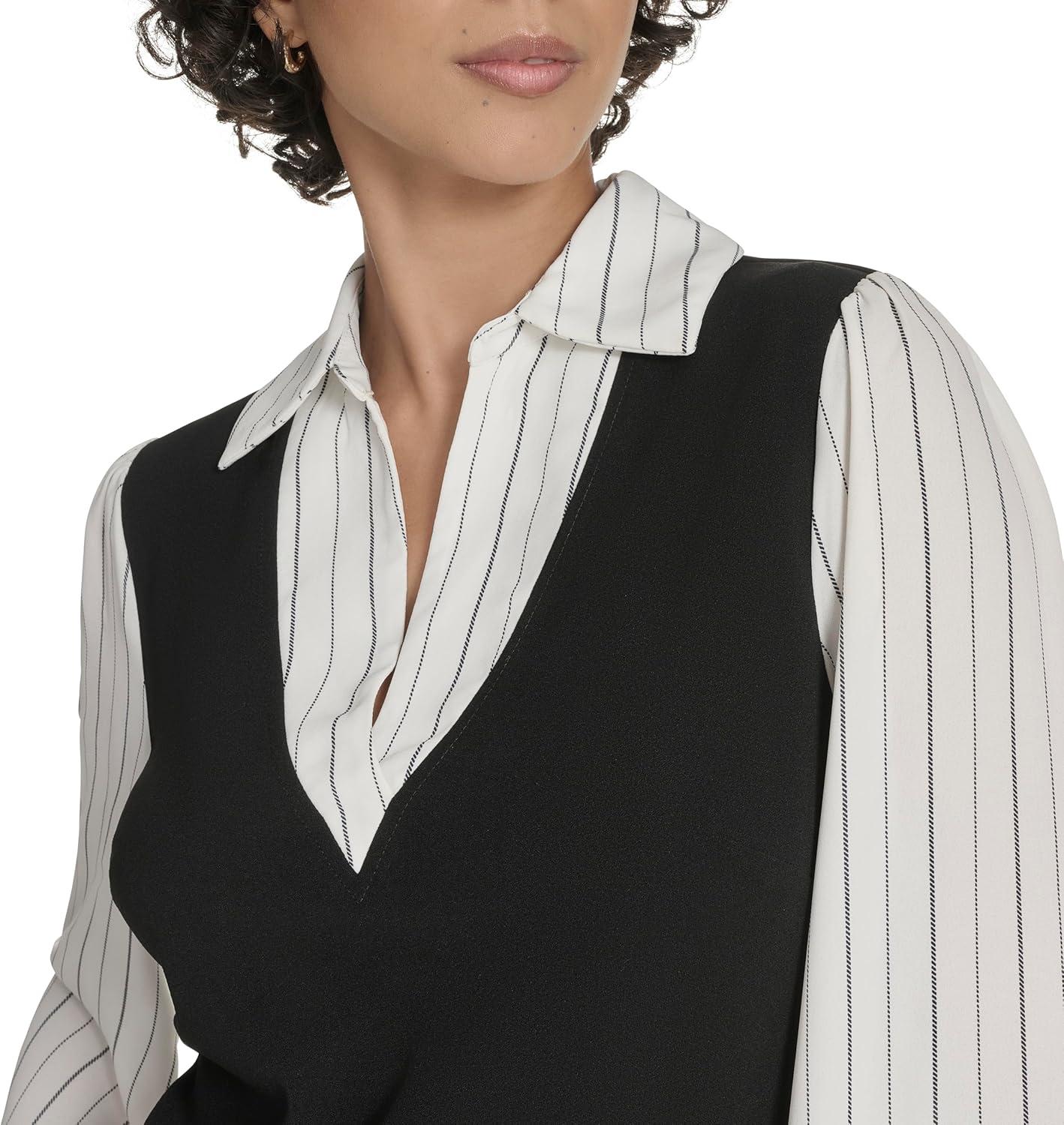 imageTommy Hilfiger Womens Long Sleeve Collared Twofer Shift Mini DressBlackIvory