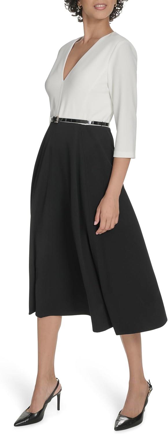 imageTommy Hilfiger Womens Long Sleeves V Neck Color Block Midi DressBlackIvory